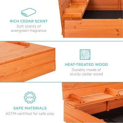 Best Choice Products 47x47-Inch Kids Wooden Outdoor Sandbox w/ 2 Foldable Bench Seats, Sand Protection, Liner - Brown - D2-0459