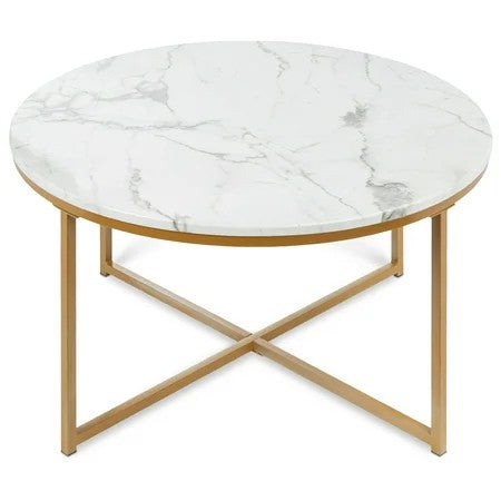 Best Choice Products 36in Faux Marble Modern Round Living Room Accent Coffee Table w/ Metal Frame - White/Bronze Gold 1813