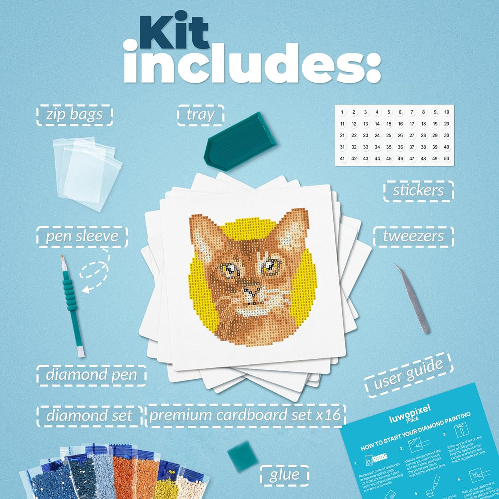 LuwoArte 16 Pack Diamond Painting Kits for Adults   5D DIY Diamond Art Kits with Tools   Full Drill Paint Gem Art   Brilliant Diamond Painting Kit Featuring Cat Breeds   Relaxing Craft for Home D cor 1306