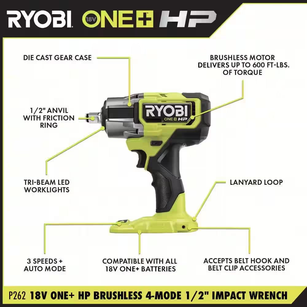 RYOBI ONE+ HP 18V Brushless Cordless 4-Mode 1/2 in. Impact Wrench (Tool Only) 1672