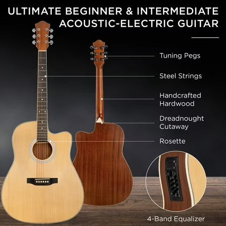 Best Choice Products Beginner Acoustic Electric Guitar Starter Set 41in w/ Wood Cutaway Design, Gig Bag - Natural -B3-1026