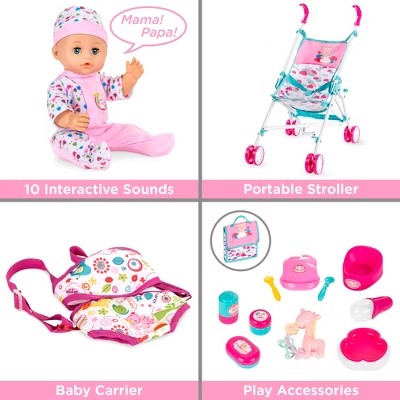 Best Choice Products Kids 15-Piece 13.5in Newborn Baby Doll Nursery Role Play Playset w/ Stroller, Cot, Bag, Accessories - C2 - 1007