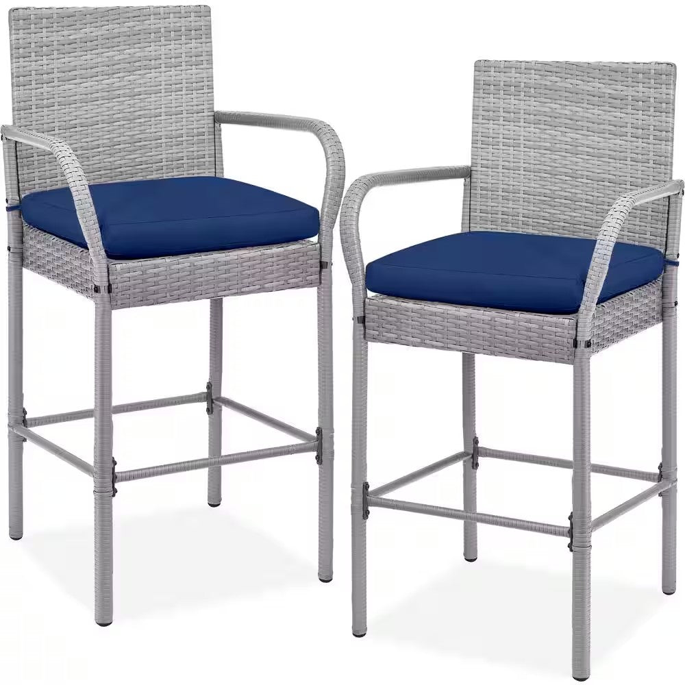 Wicker Grey Outdoor Bar Stools with Navy Blue Cushions (2-Pack) -M8-0043