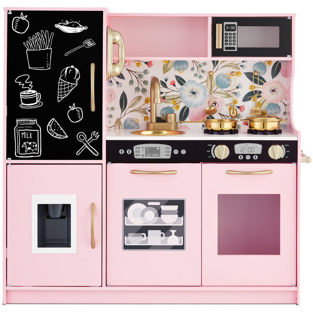 Best Choice Products Pretend Play Kitchen Wooden Toy Set for Kids w/ Telephone, Utensils, Oven, Microwave- Pink Floral - F10 - 1065