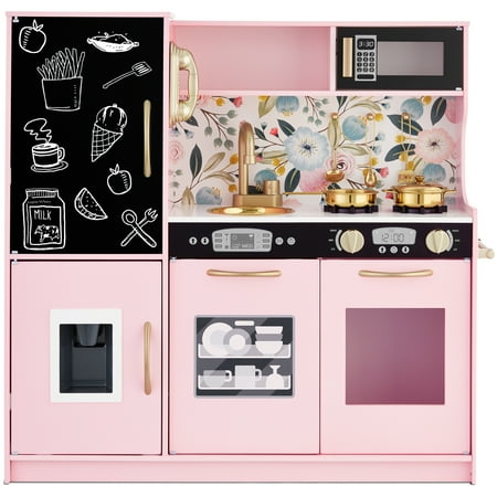 Best Choice Products Pretend Play Kitchen Wooden Toy Set for Kids w/ Telephone, Utensils, Oven, Microwave- Pink Floral - F10 - 1065