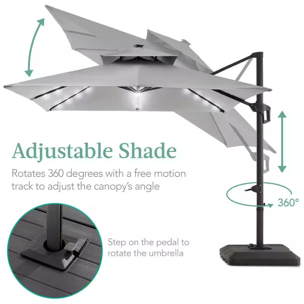 10 ft. Solar LED 2-Tier Square Cantilever Patio Umbrella with Base Included in Fog Gray - TR - 280