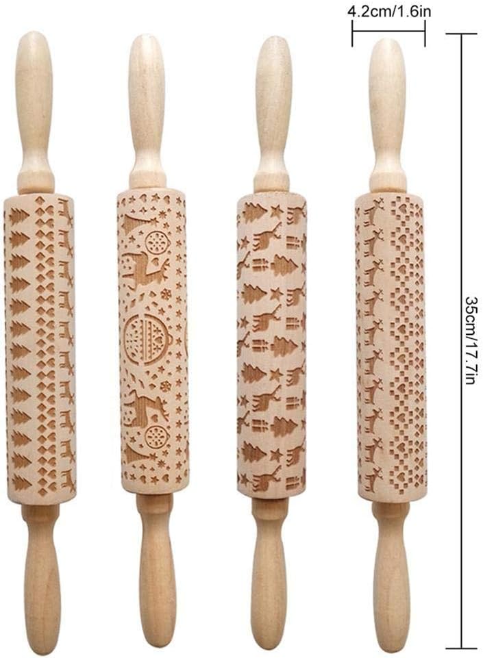 Christmas Wooden Rolling Pins Engraved Embossing Rolling Pin with Christmas Symbols for Baking Embossed Cookies - B10 - 1247