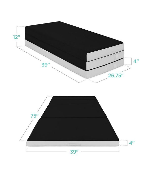 Best Choice Products 4in Thick Folding Portable Onyx Black Mattress Topper w/ Carry Case, Washable Cover - Black - Twin -K2-0040