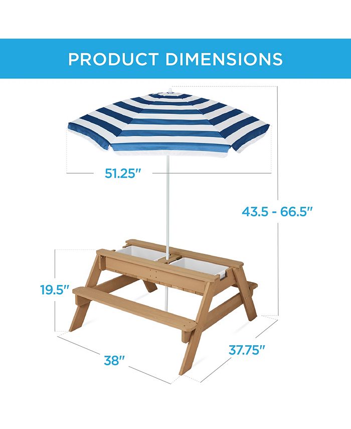 Best Choice Products Kids 3-in-1 Outdoor Convertible Activity Sand & Water Picnic Table w/ Umbrella - Blue 1766