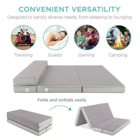 Best Choice Products 4in Thick Folding Portable Queen Tri-Fold Mattress w/ Carry Case, Washable Cover - Gray 1771 -K2-0039