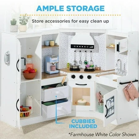 Best Choice Products Pretend Play Corner Kitchen, Interactive Wooden Kids Set w/ Lights & Sounds - White 1839