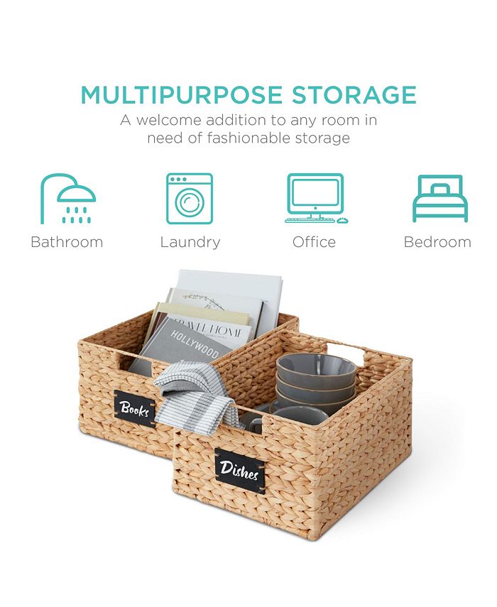 Best Choice Products Set of 2 16in Woven Water Hyacinth Pantry Baskets w/ Chalkboard Label, Chalk Marker - Tan/Beige - E9 - 1047
