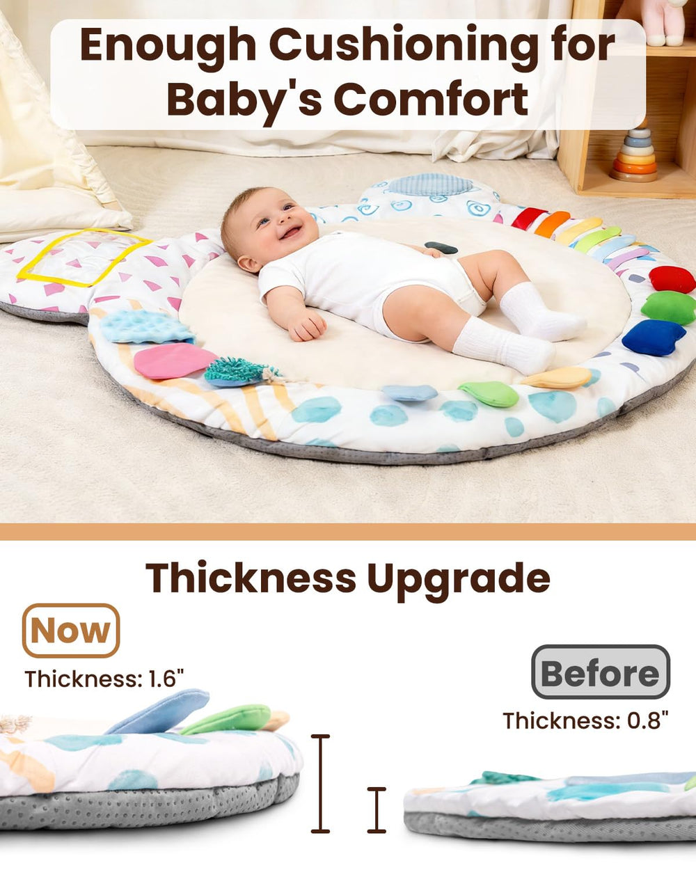 Baby Play Gym, Thickened and Non Slip Activity Mat, 5 Developmental Zones Tummy Time Mat with 5 Detachable Sensory Toys for Motor Skills, Baby Essentials Shower Gift Box(Bear) 1298