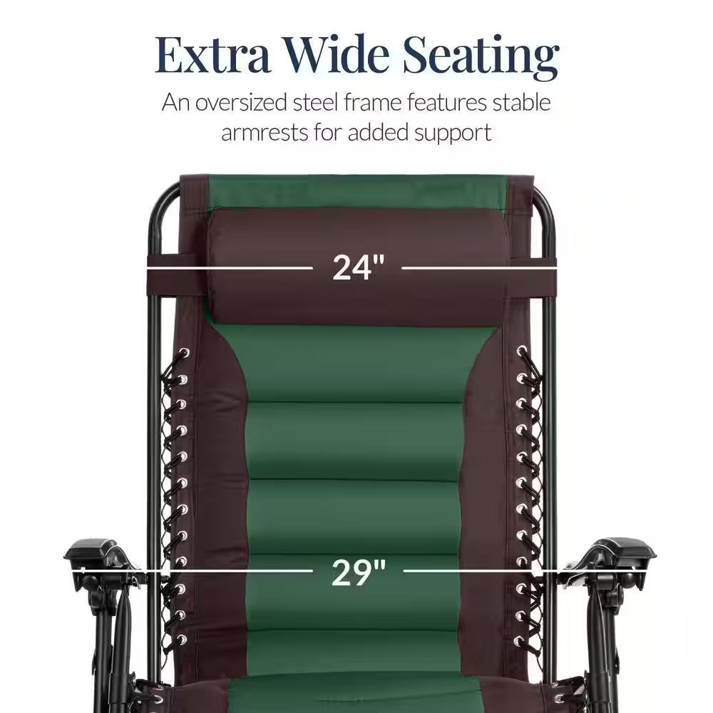 Oversized Padded Zero Gravity Brown/Green Metal Reclining Outdoor Lawn Chair with Side Tray -M12-0051