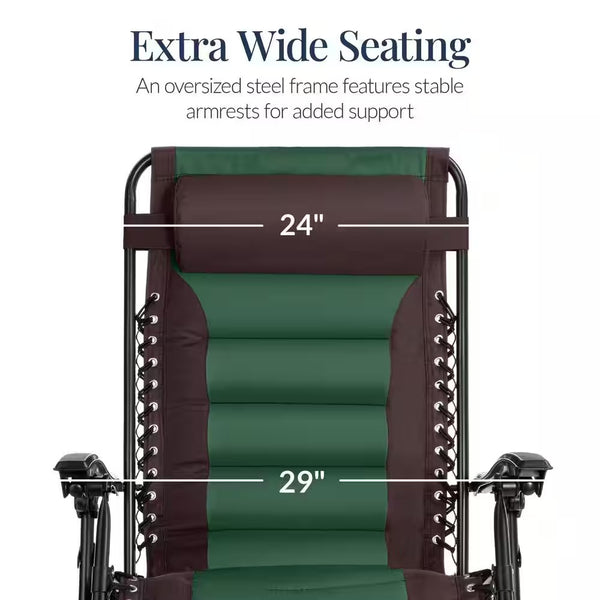 Oversized Padded Zero Gravity Brown/Green Metal Reclining Outdoor Lawn Chair with Side Tray -M12-0051