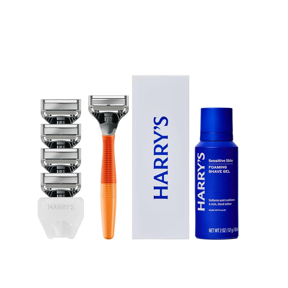 Harry's Original Shaving Kit for Men - Razor Handle, 5 Razor Blade Refills, Foaming Shave Gel, and Travel Blade Cover - TSA Approved Travel Essentials - German Engineered - Prange - A7 - 1570