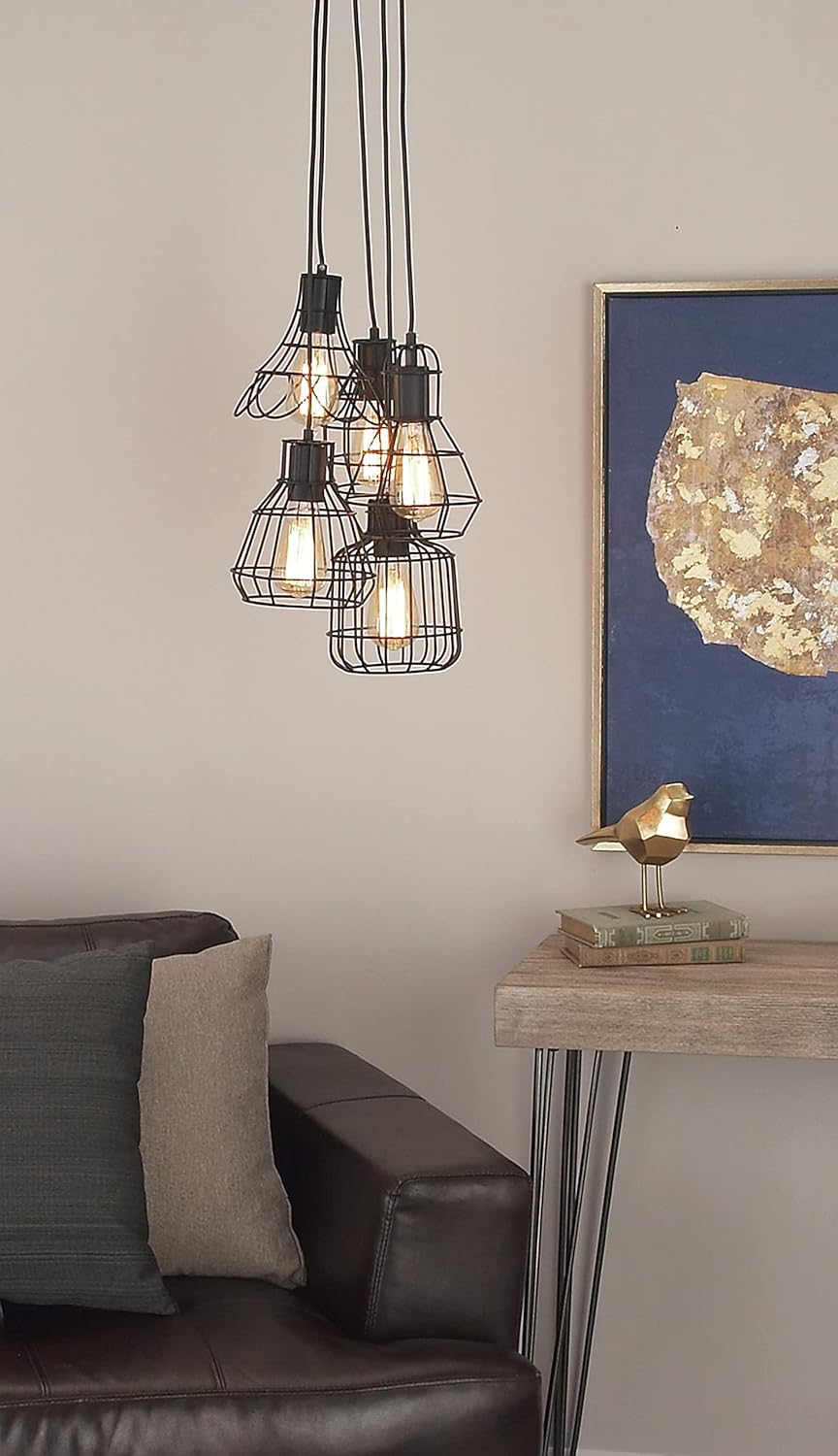Deco 79 Industrial Cage-Designed 5-Light Pendant with Bulbs, 48" H x 17" L, Metallic Black Finish - B2 - 445