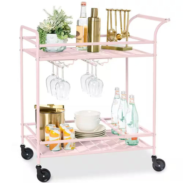 2-Tier Pink Outdoor/Indoor Metal Bar Serving Cart with Storage Shelves and Lockable Wheels 1737