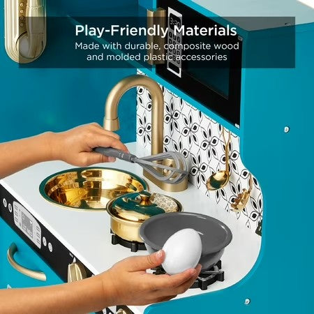 Best Choice Products Pretend Play Kitchen Wooden Toy Set for Kids w/ Telephone, Utensils, Oven, Microwave - Teal - A10 - 1512