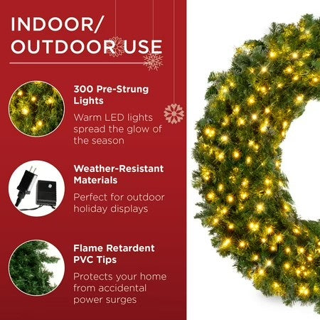 Best Choice Products 60in Artificial Pre-Lit Fir Christmas Wreath Decoration w/ 375 LED Lights, 930 Tips, Power Plug-In -E3-1663