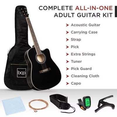 Best Choice Products 41in Full Size Beginner Acoustic Guitar Set with Case, Strap, Capo, Strings, Tuner - Black -J5-1550