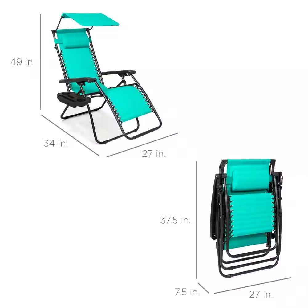 Zero Gravity Folding Reclining Mint Fabric Outdoor Lawn Chair with Canopy Shade, Headrest Tray - M3 - 1948