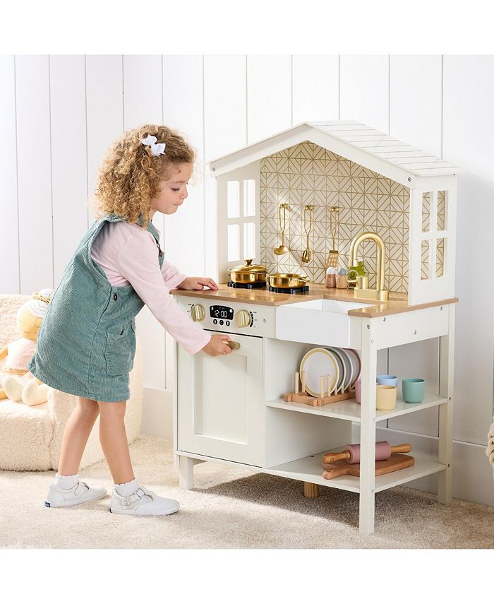 Best Choice Products Pretend Play Wooden Farmhouse Kitchen Set w/ Storage, Clicking Knobs, 5 Accessories - Tan/Beige - No Size -L4-0041