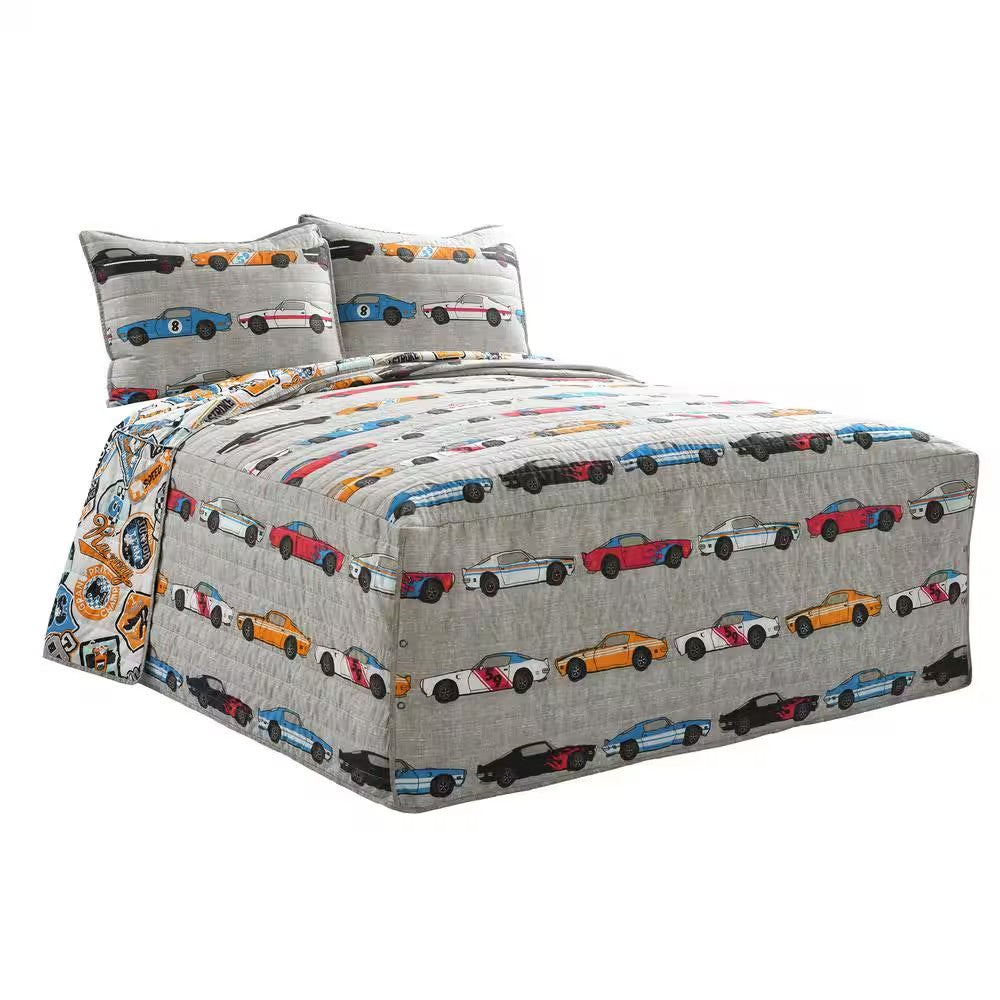 Race Cars Blue/Orange Bedspread Set Full (3-Piece) - G6 - 917