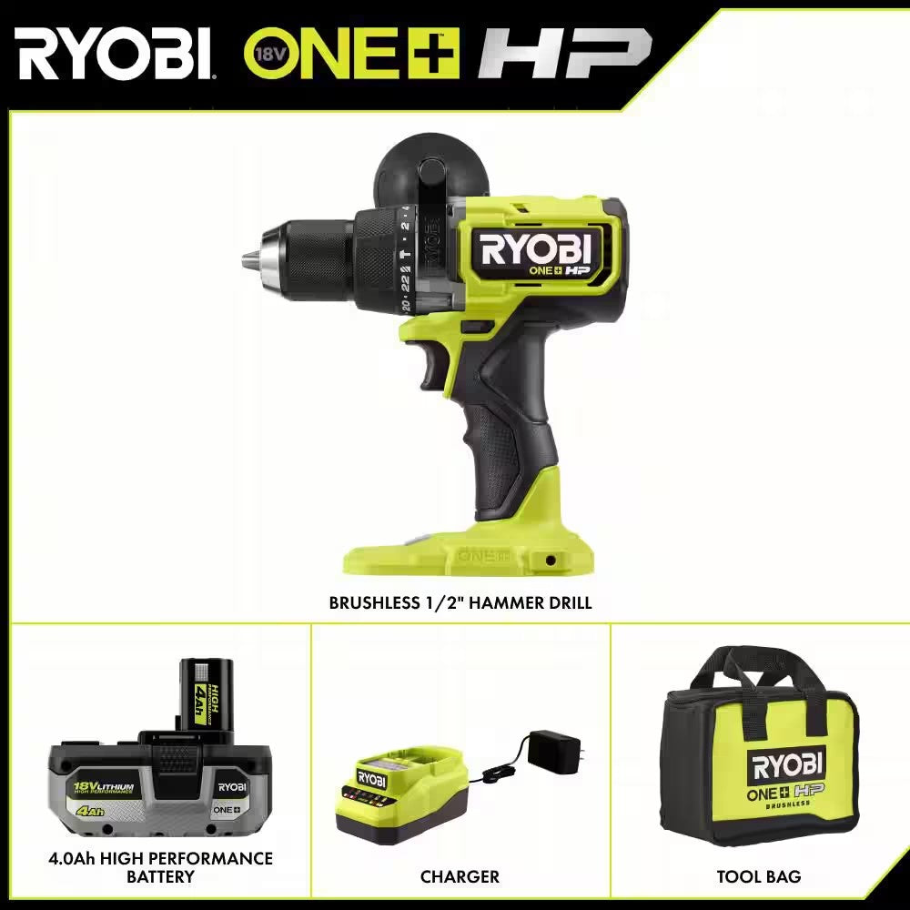 ONE+ HP 18V Brushless Cordless 1/2 in. Hammer Drill Kit 4.0 Ah HIGH PERFORMANCE Battery, Charger, and Bag 1670