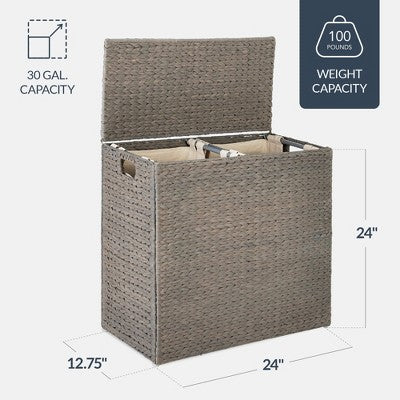 Best Choice Products Large Natural Water Hyacinth Double Laundry Hamper Basket w/ 2 Liner Bags, Handles - Gray - A6 - 463 -M10-0048