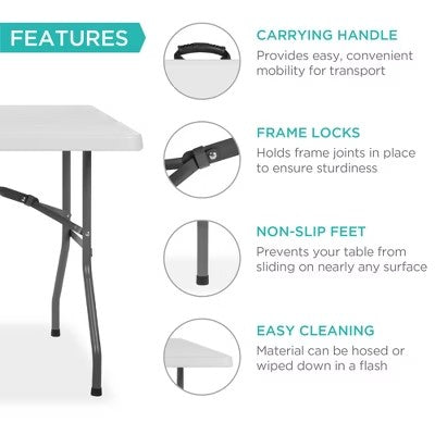 Best Choice Products 8ft Plastic Folding Table, Indoor Outdoor Heavy Duty Portable w/ Handle, Lock for Picnic, Camping -D9-0596