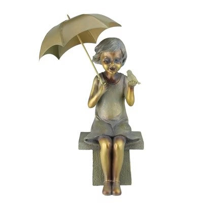 Roman 17.5" Girl Sitting with Umbrella and Bird Outdoor Patio Garden Statue - Gold/Bronze - E11 - 241