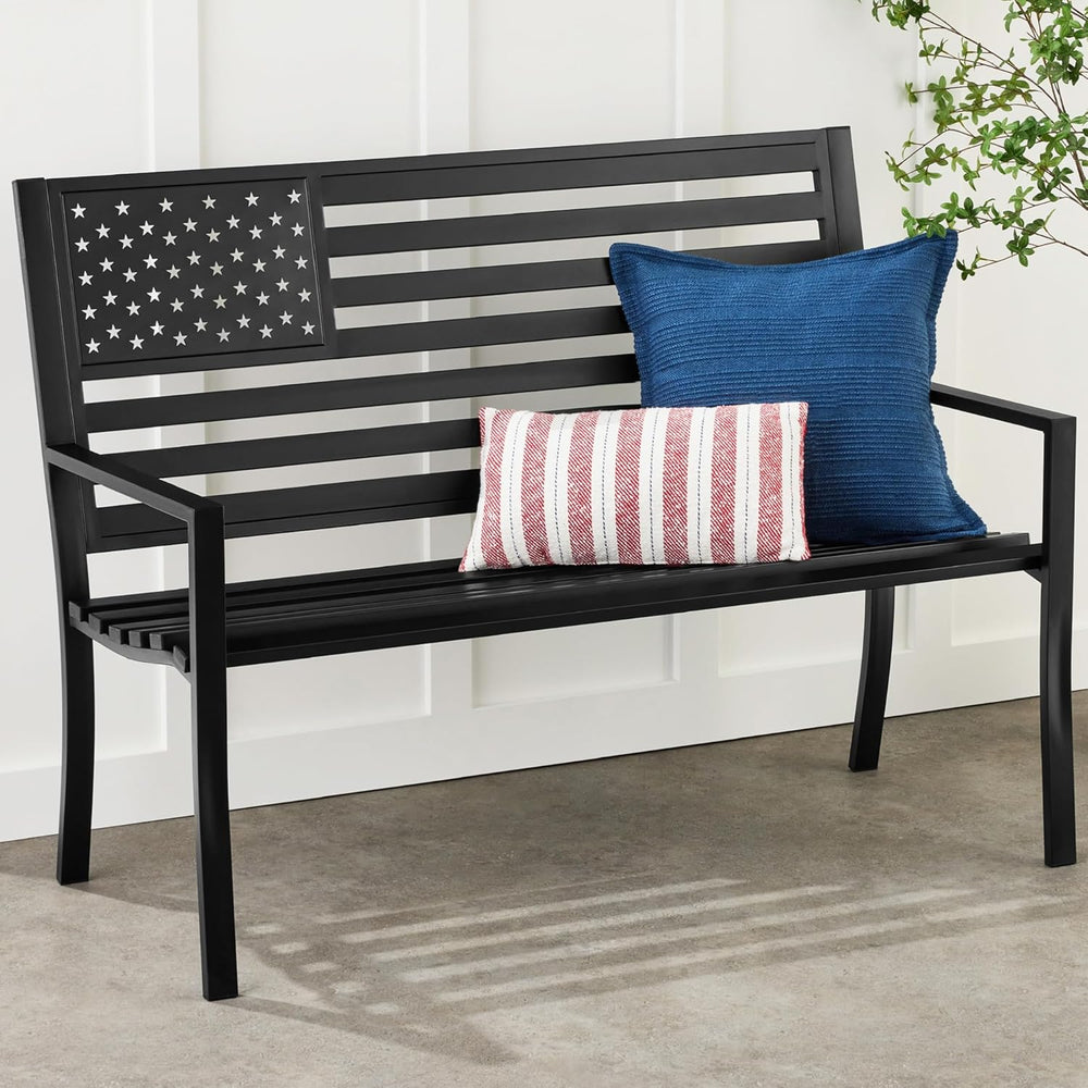 Best Choice Products Outdoor Bench 2-Person Steel Indoor/Outdoor Bench for Garden, Patio, Porch, Entryway w/American Flag, 790lb Capacity   Black - D5 - 1456