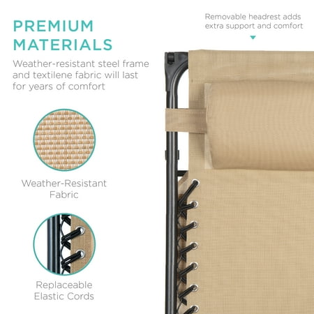 Best Choice Products Folding Zero Gravity Recliner Patio Lounge Chair w/ Canopy Shade, Headrest, Tray - Beige -D8-0592