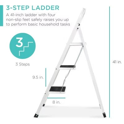 Best Choice Products 3 Step Ladder Folding Lightweight Step Stool for Home w/ Non-Slip Feet, Padded Steps, 330lb White - B7 - 1432