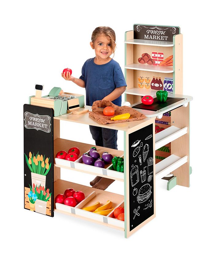 Best Choice Products Kids Pretend Play Grocery Store Wooden Supermarket Set w/ Chalkboard, Cash Register - Tan/Beige - NO SIZE - E3 - 979