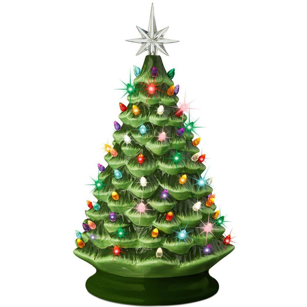 18in. Green Pre-Lit LED Ceramic Artificial Christmas Tree with 93 Multicolor Lights 1793