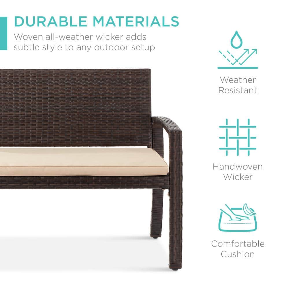 2-Person Brown Wicker Outdoor Patio Bench with Tan Cushion - M5 - 1600