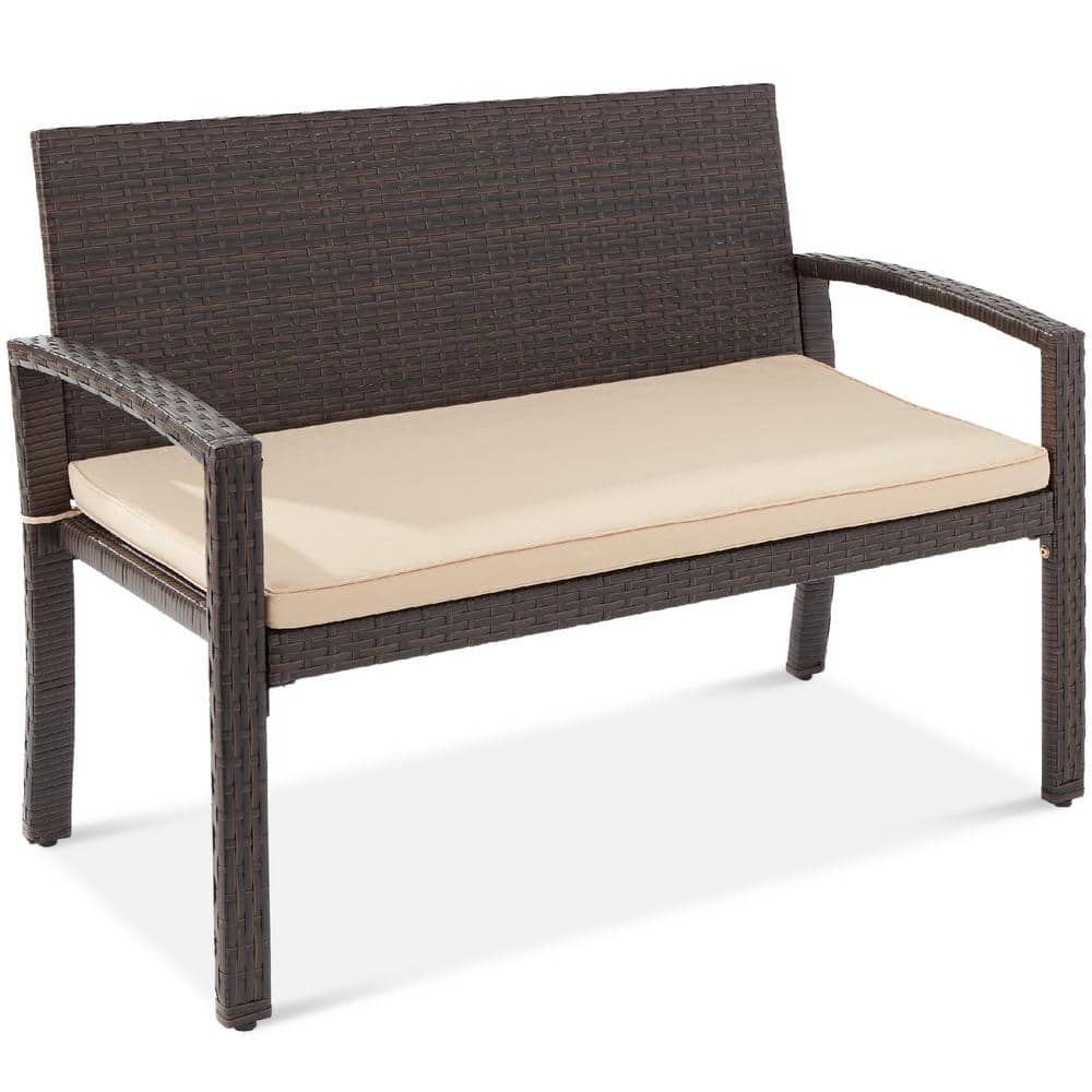 2-Person Brown Wicker Outdoor Patio Bench with Tan Cushion - M5 - 1600