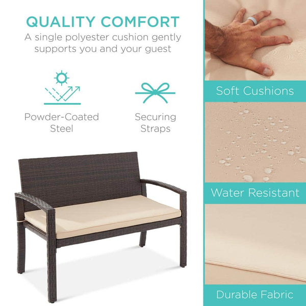 2-Person Brown Wicker Outdoor Patio Bench with Tan Cushion - M5 - 1600