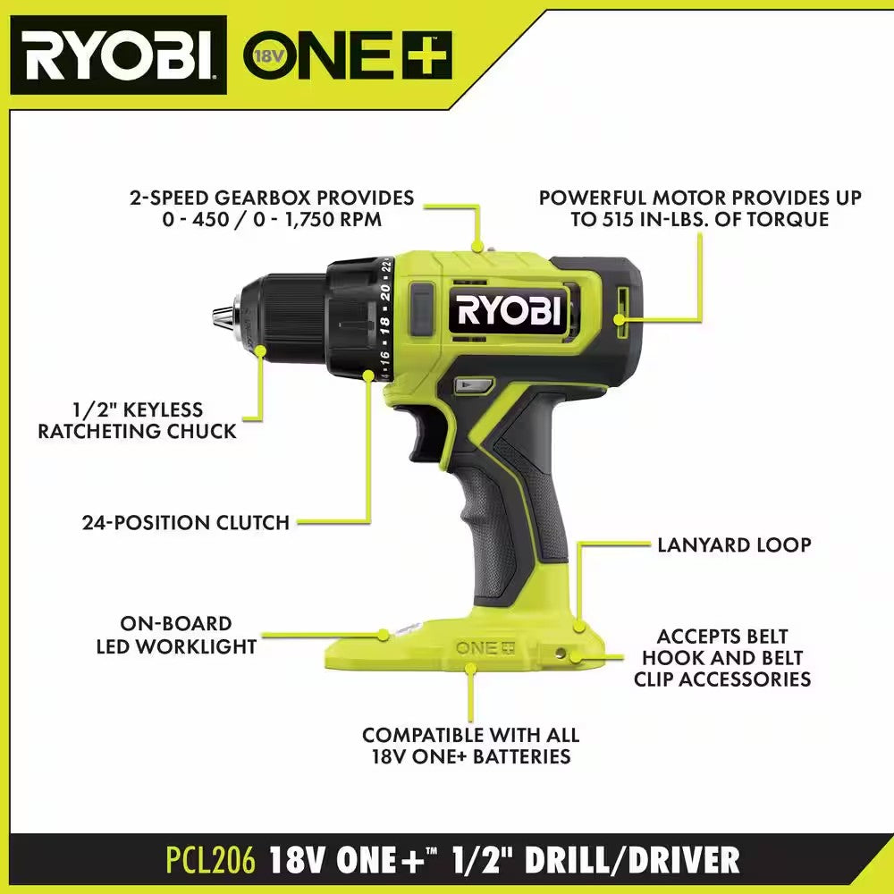 RYOBI ONE+ 18V Cordless 2-Tool Combo Kit with Drill/Driver, Impact Driver, (2) 1.5 Ah Batteries, and Charger 1682