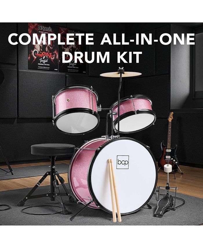 Best Choice Products Kids Beginner 3-Piece Drum, Musical Instrument Set w/ Sticks, Cushioned Stool, Drum Pedal - Pink - No Size - K3 - 1968