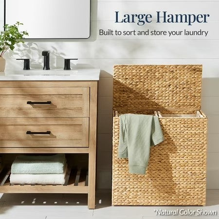 Best Choice Products Large Natural Water Hyacinth Double Laundry Hamper Basket w/ 2 Liner Bags, Handles - Espresso -A4-0465