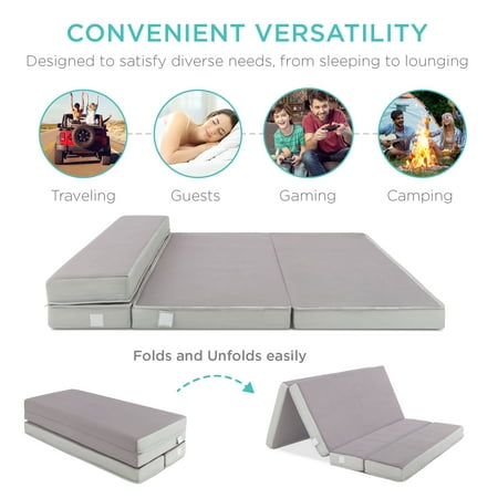 Best Choice Products 4in Thick Folding Portable Queen Tri-Fold Mattress w/ Carry Case, Washable Cover - Gray 1771 -K2-0039 -C9-0418
