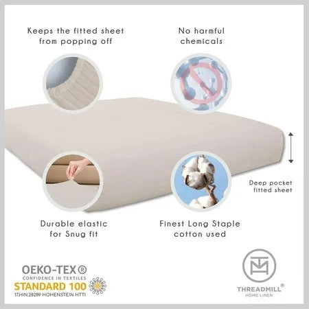 Threadmill Home Linen Cotton Twin Sheet Set | 100% Cotton Sheets for Twin Size Bed | Solid Sateen Twin Bed Sheets Set with 16  Deep Pocket | Soft Breathable 3-Piece Cooling Sheet Set | Beige 1378