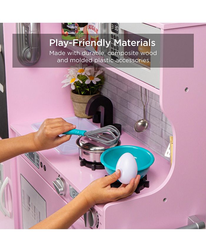 Best Choice Products Pretend Play Kitchen Wooden Toy Set for Kids w/ Telephone, Utensils, Oven, Microwave - Pink -G3-1949