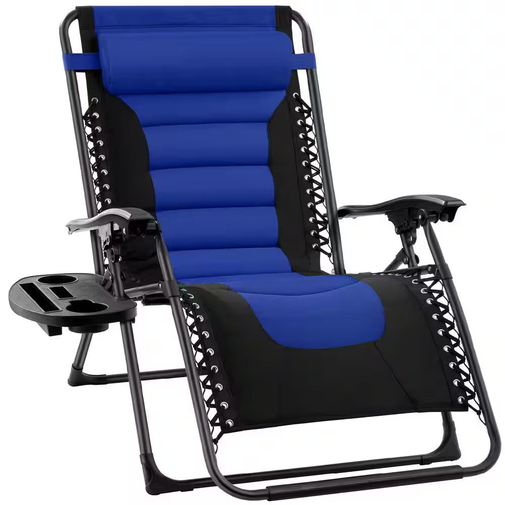 Oversized Padded Zero Gravity Blue Metal Reclining Outdoor Lawn Chair w/Side Tray - H3 - 1613
