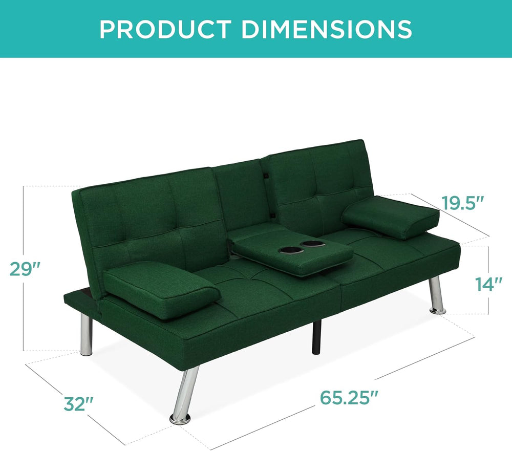 Best Choice Products Linen Modern Folding Futon, Reclining Sofa Bed for Apartment, Dorm w/Removable Armrests, 2 Cupholders - Dark Green 1488