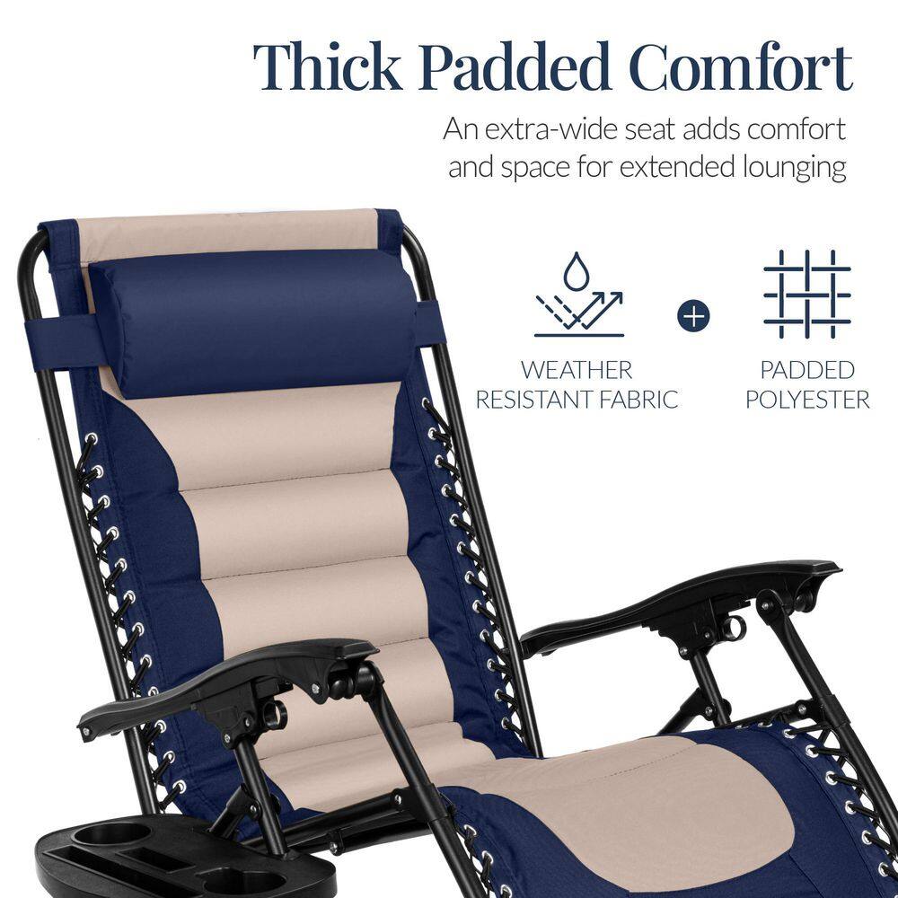 Oversized Padded Zero Gravity Navy/Oyster Metal Reclining Outdoor Lawn Chair with Side Tray - C9 - 1449