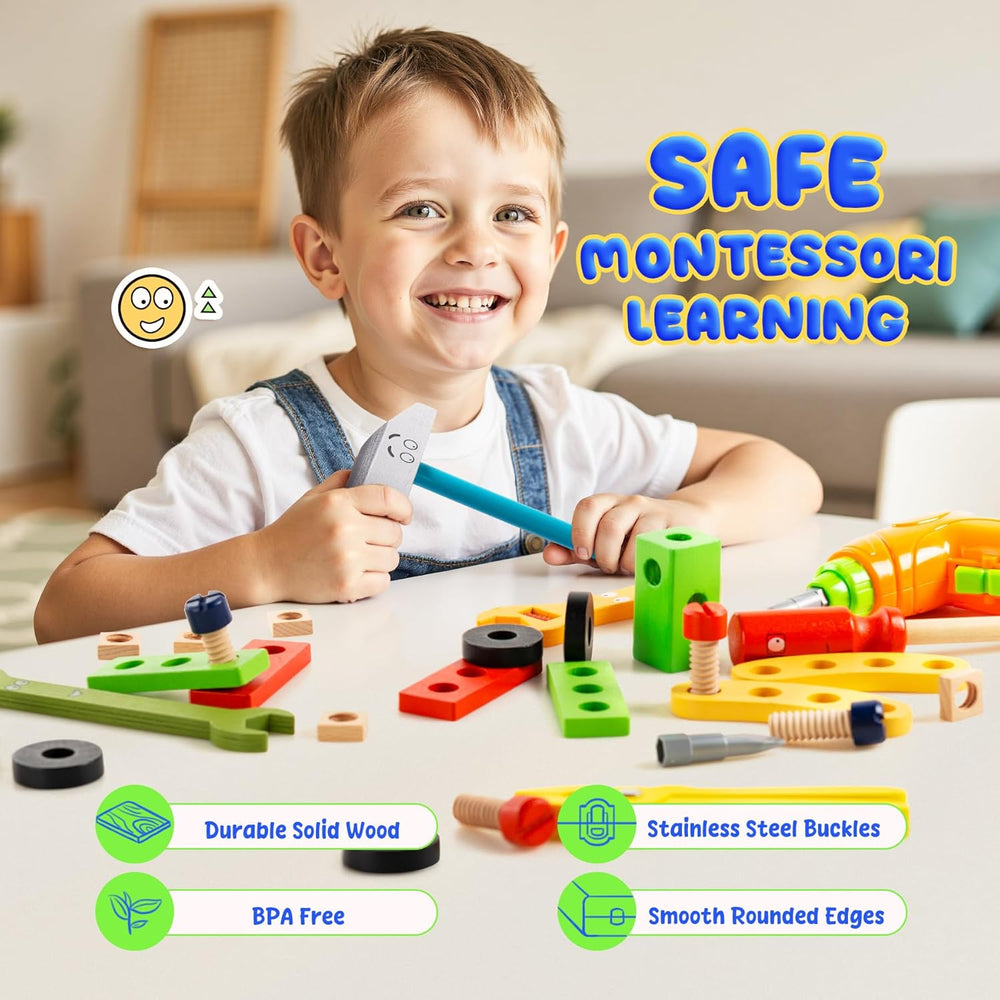 Kids Tool Set with Drill, Montessori Toys for 2 3 4 5 6 Years, Toddler Toys Easter Basket Stuffers, 41 Pcs Wooden STEM Construction Learning Pretend Play Games, Birthday Gift for Boys Girls 1308